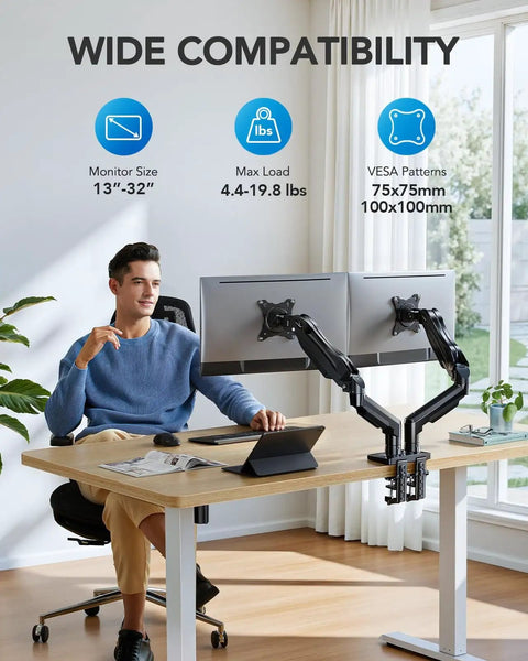 FlowLift Dual Monitor Stand For 13 To 32 Inch Screens, fully adjustable on desk with two monitors, VESA, C Clamp, ergonomic setup