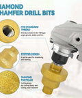 Two gold diamond step drill bits with M10 thread (20/35/50mm) for stone and tile, attached to a drill.