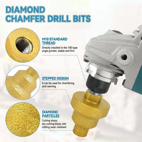 Two gold diamond step drill bits with M10 thread (20/35/50mm) for stone and tile, attached to a drill.