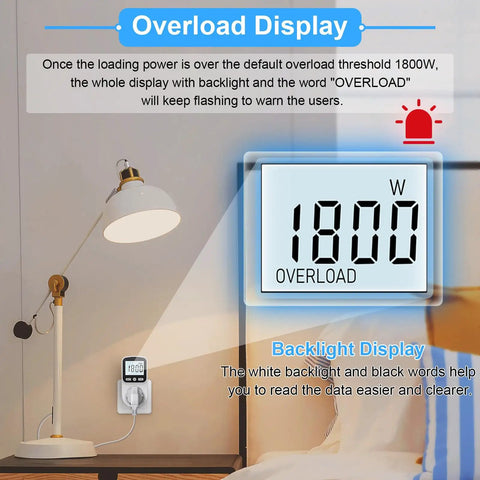 Upgraded Watt Meter Power Monitor Plugs Into Your Outlet Home Energy Display With Backlight Tracks Watts Kilowatt Hours Voltage Amps Frequency Power Factor Cost And Unit Price Across Eight Display Modes With Overload Protection showing overload warning at 1800W