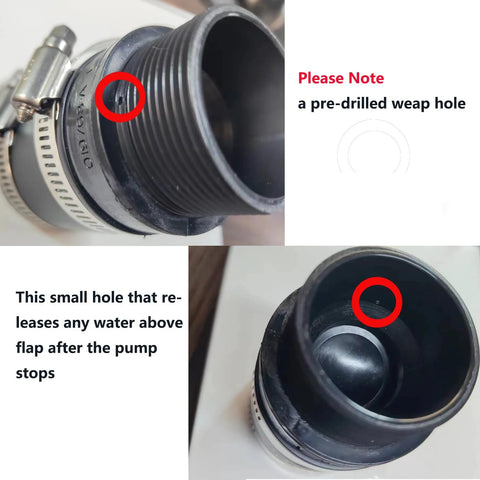 Black inline check valve for plumbing with threaded end and hose clamp, side view.
Interior view of black inline check valve showing inner cavity and valve seat.