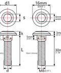 Diagram of Heavy Duty Titanium M8x30mm Disc Brake Rotor Bolts Hex Socket For Motorcycle 33mm Total Length Grade 5 6AL4V Titanium Alloy 16mm Head Diameter 3mm Height Pack Of 6 For Kawasaki, showing dimensions and specifications.