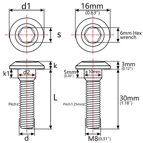 Diagram of Heavy Duty Titanium M8x30mm Disc Brake Rotor Bolts Hex Socket For Motorcycle 33mm Total Length Grade 5 6AL4V Titanium Alloy 16mm Head Diameter 3mm Height Pack Of 6 For Kawasaki, showing dimensions and specifications.