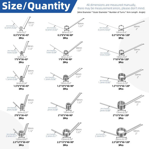 Diagram of V Shaped Return Springs Set, 45 Piece Kit With 15 Sizes, showing dimensions and angles, stainless steel torsion springs.