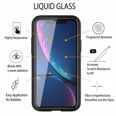 Liquid Glass Screen Protector For Up To Four Devices, Universal Shield For All Smartphones, Tablets, And Smartwatches, Invisible Bonding Coating Delivers Ultra Clear, Impact Resistant Protection on smartphone with features highlighted.