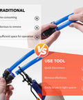 Air Line Removal Tool For 3/8 And 1/2 Inch Push-To-Connect Fittings With Quick Release Pliers One-Handed Disconnection For Pneumatic Systems Quick Connects Automotive Hoses And Maintenance in use on blue tubing
