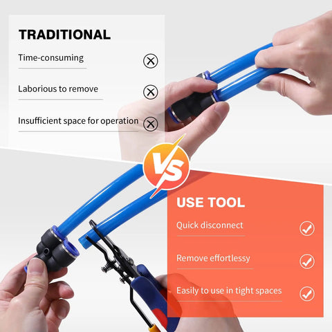 Air Line Removal Tool For 3/8 And 1/2 Inch Push-To-Connect Fittings With Quick Release Pliers One-Handed Disconnection For Pneumatic Systems Quick Connects Automotive Hoses And Maintenance in use on blue tubing