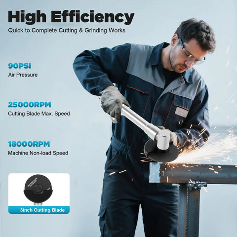 Operator using 12.2 Inch Extended Reach Pneumatic Angle Grinder With 90 PSI Air Power And 25000 RPM for metal cutting