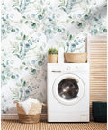 Laundry room with Peel And Stick Boho Wallpaper Green White Botanical Leaf Floral Wall Mural Vibe featuring leafy design.