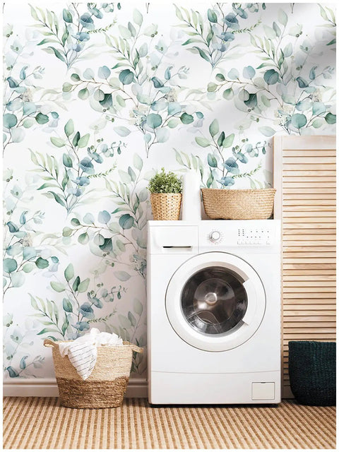 Laundry room with Peel And Stick Boho Wallpaper Green White Botanical Leaf Floral Wall Mural Vibe featuring leafy design.