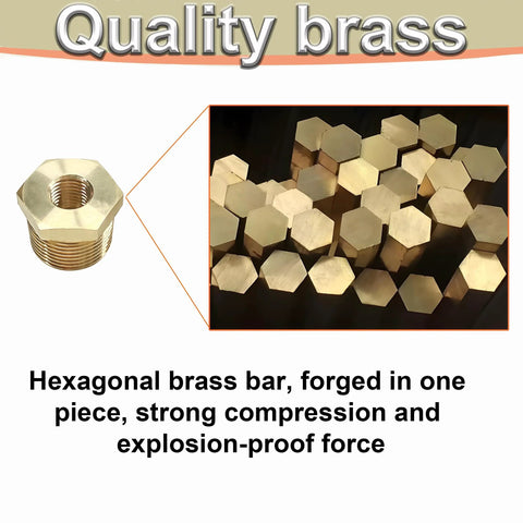 Brass hex reducer bushing (3/8 MNPT x 1/8 FNPT) in front view; background shows hex brass bar stock.