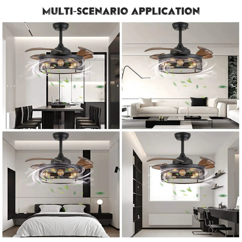 36 Inch Caged Ceiling Fan With Remote Control And Chandelier Light Kit Retractable Blades in dining, living, and bedroom settings