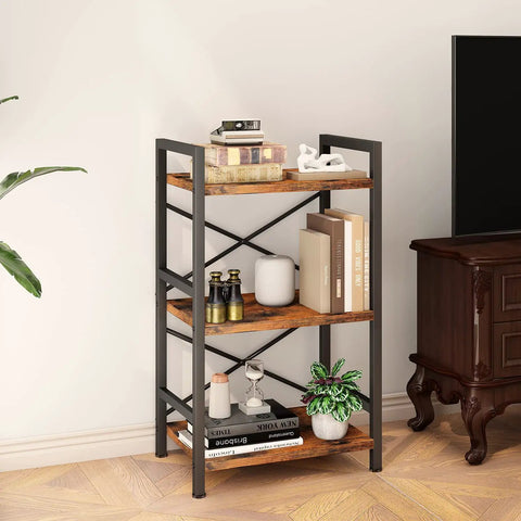 3 Tier Industrial Metal Bookcase With Rustic Brown Finish, Etagere Style Storage Shelf For Living Room, Bedroom, And Home Office