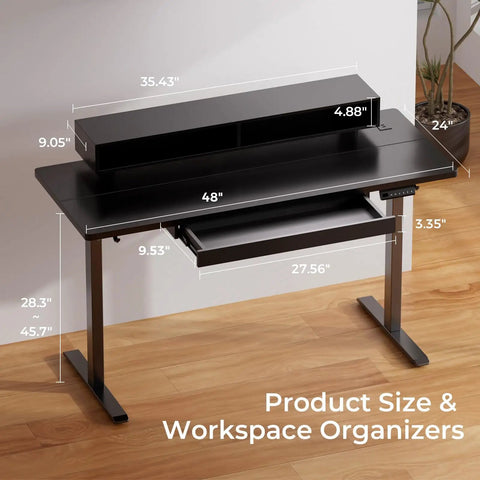 Electric Standing Desk With Drawers 48 By 24 Inch Height Adjustable Gaming Desk With Monitor Stand Power Outlets LED Lights And Memory Preset Perfect For Home Office Or Gaming Setups Black shown with product dimensions and workspace organizers.