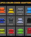 12 color-coded adapters from No Spill 18 Piece Engine Oil Funnel Kit With 1.59 Qt Coolant Funnel Universal Fit For Various Models