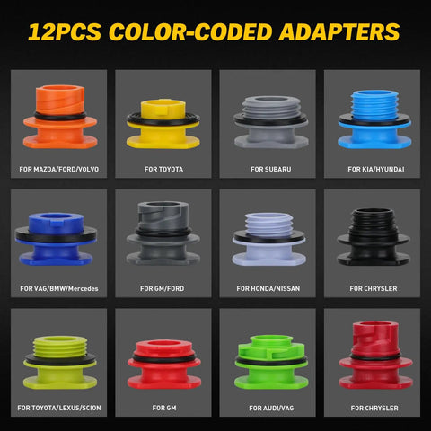 12 color-coded adapters from No Spill 18 Piece Engine Oil Funnel Kit With 1.59 Qt Coolant Funnel Universal Fit For Various Models