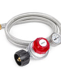 Propane regulator with gauge and 5-foot stainless braided hose; chrome body and red adjustment knob
