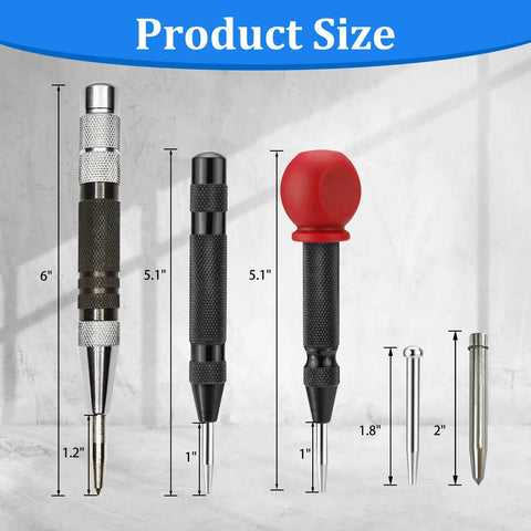 Solid Performer Automatic Center Punch Set With Six And Five Inch Bodies Plus Extra Pins for precise metal and wood marking.