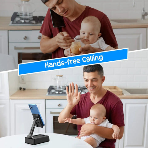 Man using Foldable Phone Stand With Bluetooth Speaker And Built In Charging Station 3 In 1 Desk Gadget while holding baby