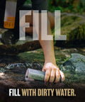 Person collecting water from stream with UltraPress Replacement Purifier Cartridge for Portable Water Purifier Bottle Orange.
