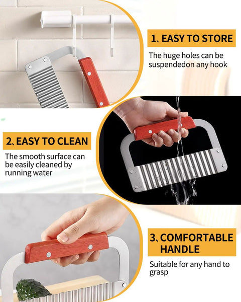 Heavy Duty Crinkle Cutter For Potatoes And Veggies Stainless Steel With Wooden Handle shown hanging, washing, and cutting cucumber