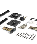Entry Lever Door Handle Set With Single Cylinder Deadbolt, Slim Square Lever, iron black finish, components laid out
