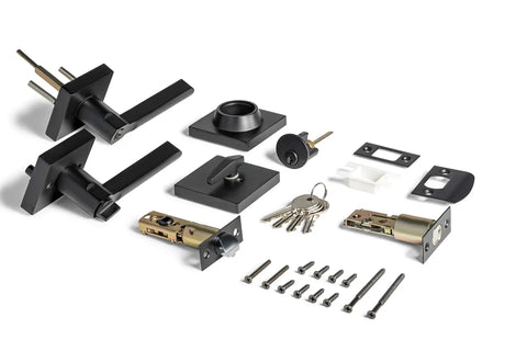 Entry Lever Door Handle Set With Single Cylinder Deadbolt, Slim Square Lever, iron black finish, components laid out