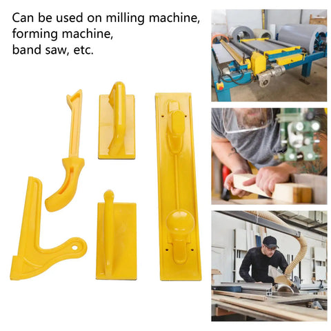 5-piece Woodworking Safety Push Block And Stick Set High Visibility Yellow ABS for saws shown with various woodworking tools in use.