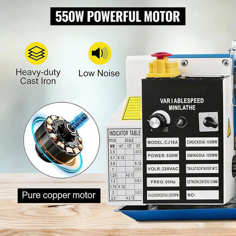 Image of 550W powerful motor on a 7 Inch Benchtop Metal Lathe Machine With 550W Motor And Up To 2250 Rpm Speed. Durable cast iron design.