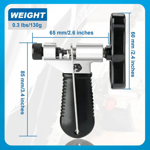 Universal Bike Chain Tool With Chain Hook, Two In One Chain Breaker And Installer, shown with measurements and weight