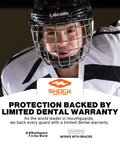 Hockey player wearing helmet and Shock Doctor mouth guard with branding and dental warranty text.