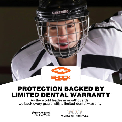 Hockey player wearing helmet and Shock Doctor mouth guard with branding and dental warranty text.