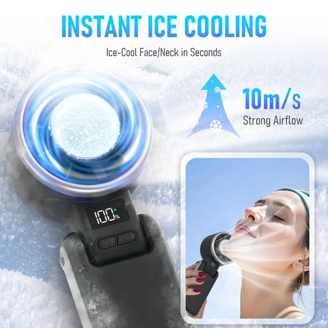 Portable Handheld Turbo Fan With Ice Cooling Rechargeable Personal Fan Up To 12 Hours Of Cooling Five Speeds And 25550 RPM Turbo Wind Ideal For Travel Outdoor Adventures Camping And Hiking Black showcased with ice cooling effect on face.