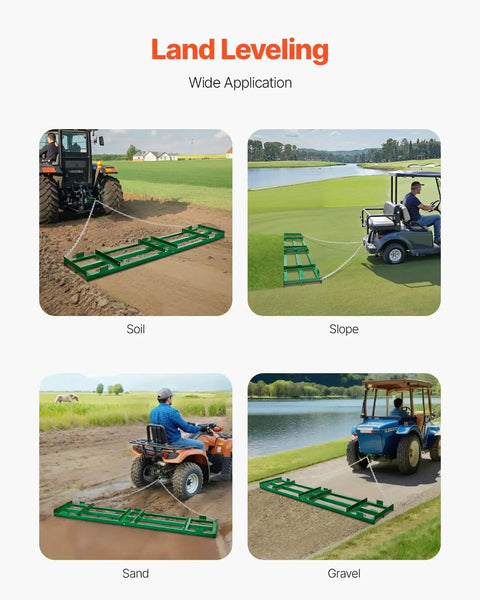 Heavy Duty Tow Behind Drag Harrow For ATV UTV Tractor And Lawn Care, 8 Ft Wide With Adjustable Bars And 72 Inch Chain on soil, slope, sand, and gravel