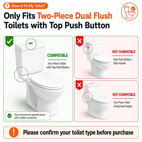 Infographic showing compatible two-piece toilets with top push button for 3 Inch Dual Flush Valve Replacement Kit For Most 2 Piece Toilets.