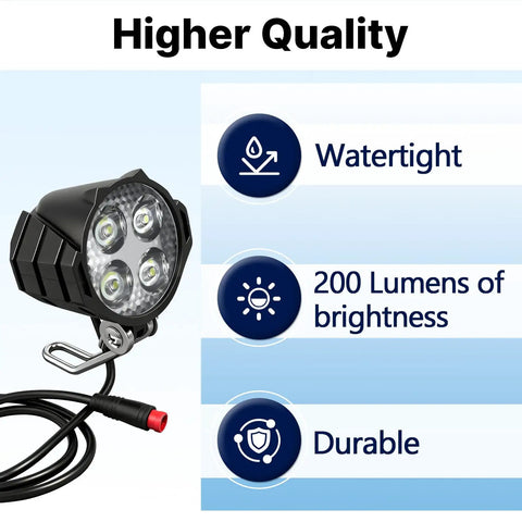 Ride Ready Electric Bike Front Headlight With 2 Pin Waterproof Connector For 36V To 60V Systems, Easy Install Inside Controller Or Mid Drive, Waterproof Front Light For Electric Bicycles Mountain Bikes And Scooters