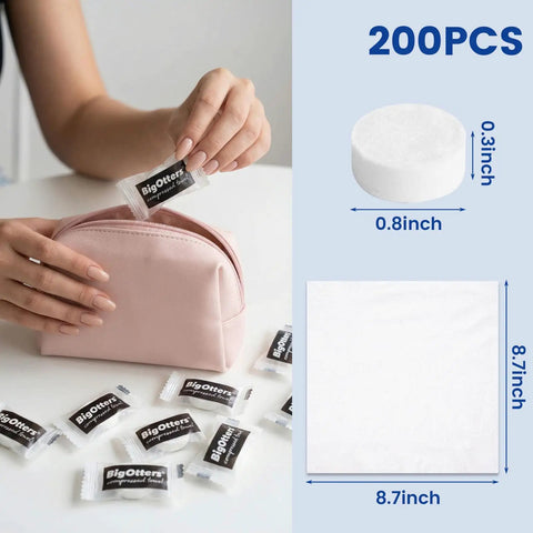 200 Count Cotton Compressed Towels Pack Disposable Face Towels Portable Expandable Wipes For Travel Camping Hiking Outdoor Hotel Gym Bag Individually Wrapped And Travel Friendly pack in makeup bag and towel dimensions