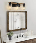 Farmhouse 3 Light Vanity Fixture With Rustic Wood And Clear Glass Shades for bathroom above mirror, cozy vintage style