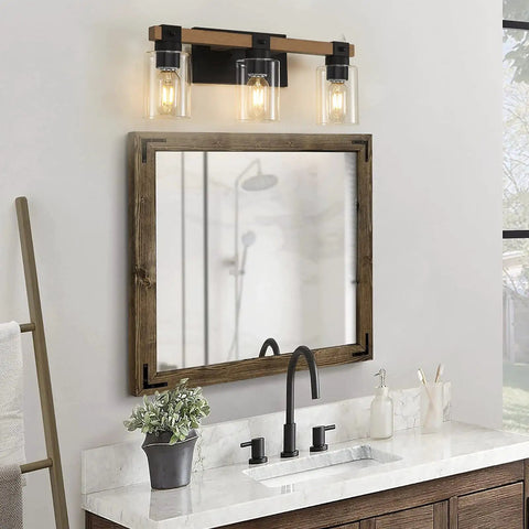 Farmhouse 3 Light Vanity Fixture With Rustic Wood And Clear Glass Shades for bathroom above mirror, cozy vintage style