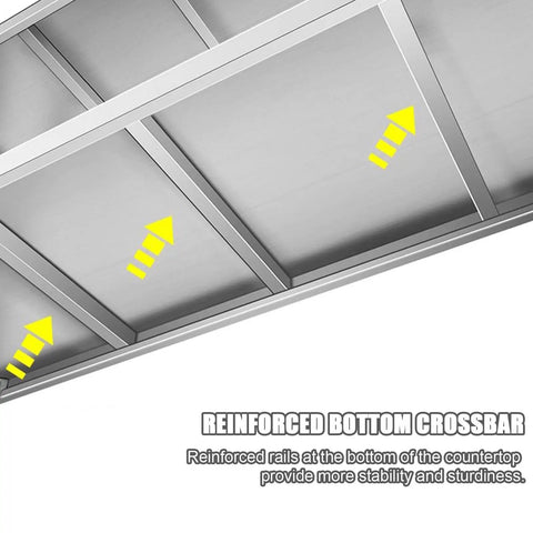 Reinforced bottom crossbar of Heavy Duty Stainless Steel Shelving Unit Badass Three Shelf Storage Rack for Kitchen Garage and Commercial Office.
