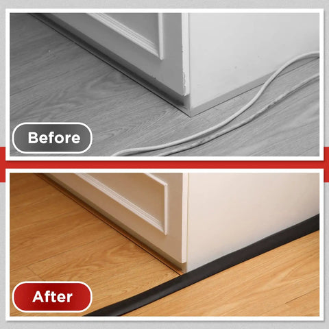 Before and after using 16 Ft Silicone Floor Cord Cover 2 Piece Set Cable Protector For Home Office And Garage Black Cut To Fit Design