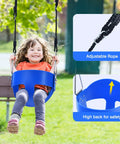 Child in blue toddler swing of Heavy Duty Backyard Swing Set For Kids Up To 440 Lbs With Toddler Swing Belt Swing And Platform Swing Triple Outdoor Metal Frame Easy To Assemble Sturdy A Frame Playground Gear