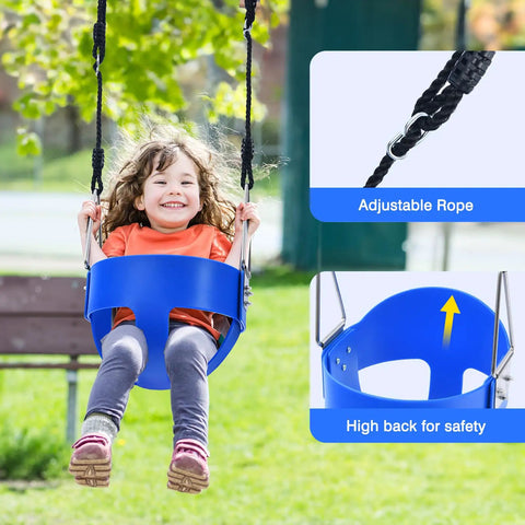 Child in blue toddler swing of Heavy Duty Backyard Swing Set For Kids Up To 440 Lbs With Toddler Swing Belt Swing And Platform Swing Triple Outdoor Metal Frame Easy To Assemble Sturdy A Frame Playground Gear