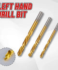 Left-hand screw extractor drill bits set; three gold-coated cobalt steel bits for removing stripped screws and broken bolts.