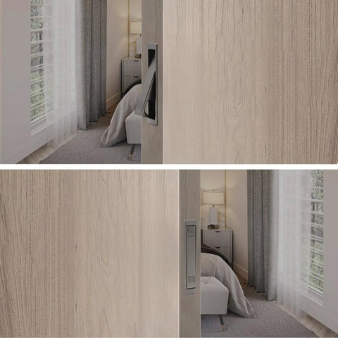 Pocket Door Handle Recessed Press Flush Finger Edge Pull Gun Gray Finish, Low Profile Door Access, Smooth One Hand Operation, Auto Rebound Pop Out Edge Pull, Solid One Piece Construction, 1 Pack on light wood sliding door
