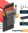 Power Tool Organizer With Charging Station, Wall Mount Rack And 8 Outlet Power Strip, Garage Tool Storage With Cordless Drill Holders And Battery Shelf In Red, showing tool rack and accessories in detail.