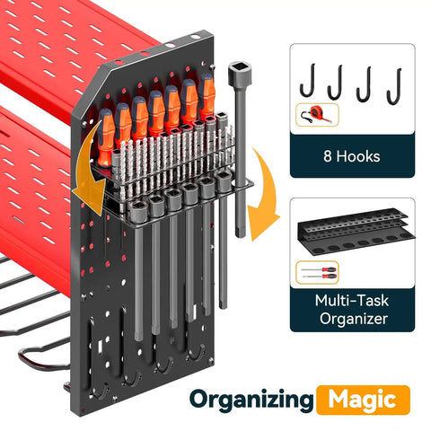 Power Tool Organizer With Charging Station, Wall Mount Rack And 8 Outlet Power Strip, Garage Tool Storage With Cordless Drill Holders And Battery Shelf In Red, showing tool rack and accessories in detail.