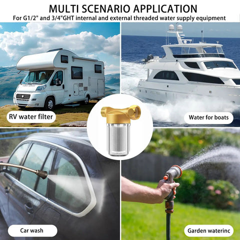 Brass Washing Machine Water Filter Reusable 40 Micron Sediment Filter High Flow Anti Scale Filtration Up To 15 GPM For Washers Heaters And Camping Use shown in different applications like RVs, boats, car wash, and gardening.