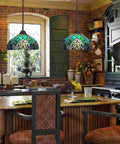 Sea Green Tiffany Style Pendant Light 12 Inch Wide Stained Glass Hanging Lamp for Kitchen Dining Room and Bar, Vintage Victorian Vibe