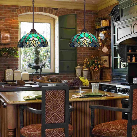 Sea Green Tiffany Style Pendant Light 12 Inch Wide Stained Glass Hanging Lamp for Kitchen Dining Room and Bar, Vintage Victorian Vibe